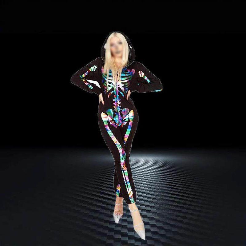 2024 Halloween Cross-Border Amazon New Hooded Skeleton Print Long-Sleeve Long-Pants Jumpsuit Sweatshirt for Women
