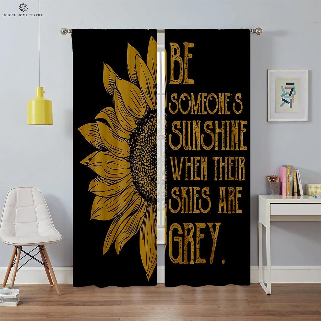 Retro Floral Sunflower Drapes Creative Letters Fashionable Print Curtains Bedroom and Living Area Ornamental Curtains