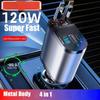 4 In 1 Car Charger 120W Super Fast Charging PD 3.0 with LED Display Cable  Power Adapter for IPhone 16 15 14 13 Pro Xiaomi Samsung