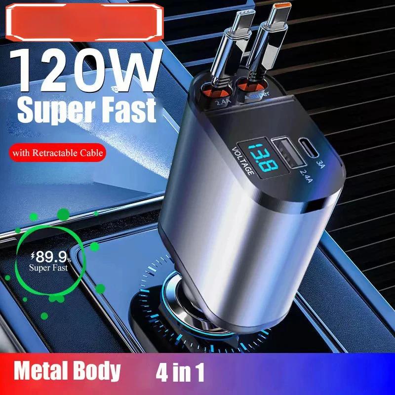 4 In 1 Car Charger 120W Super Fast Charging PD 3.0 with LED Display Cable  Power Adapter for IPhone 16 15 14 13 Pro Xiaomi Samsung