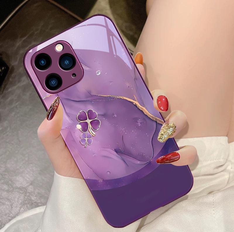 Four Leaf Clover Gradient For IPhone 16 Pro Max 15 Pro 14 13 12 Mini 11 XS Max XR 7 8 Plu SE 2022 Tempered Glass Phone Case