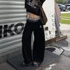 Dam Y2K-stil Baggy Jeans Hög Midja Leopardmönstrad Midjeband Vida Ben Svarta Jeansbyxor