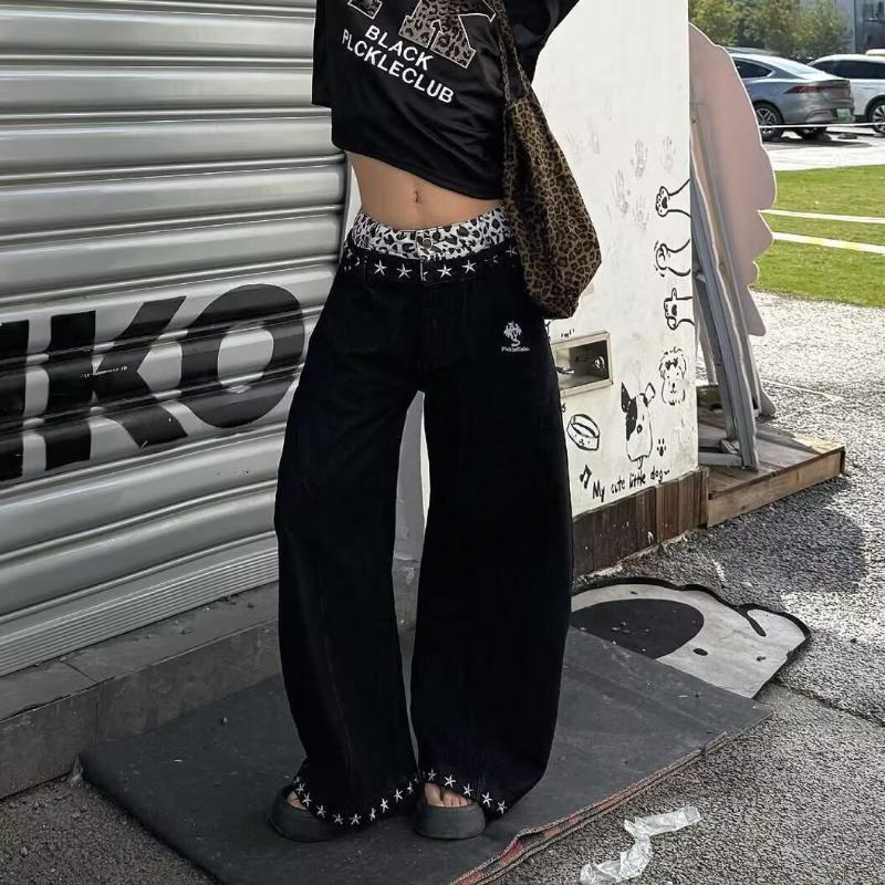 Dam Y2K-stil Baggy Jeans Hög Midja Leopardmönstrad Midjeband Vida Ben Svarta Jeansbyxor