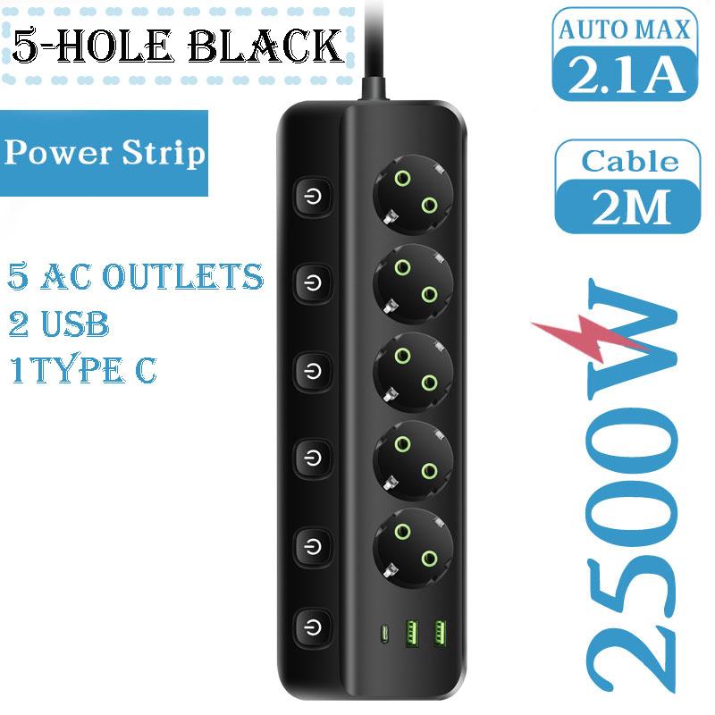 EU Plug Electrical Socket 3/5 AC Outlets+2 USB+1Type C 8-in-1 Adapter Multitap Fast Charging Power Strip With 2M Extension Cord