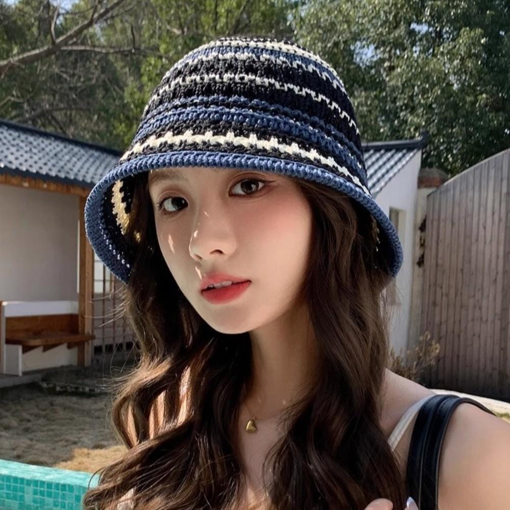 Temperament Knitted Bucket Hat Stripe Sun Protection Cap Foldable Sunshade Basin Cap Seaside