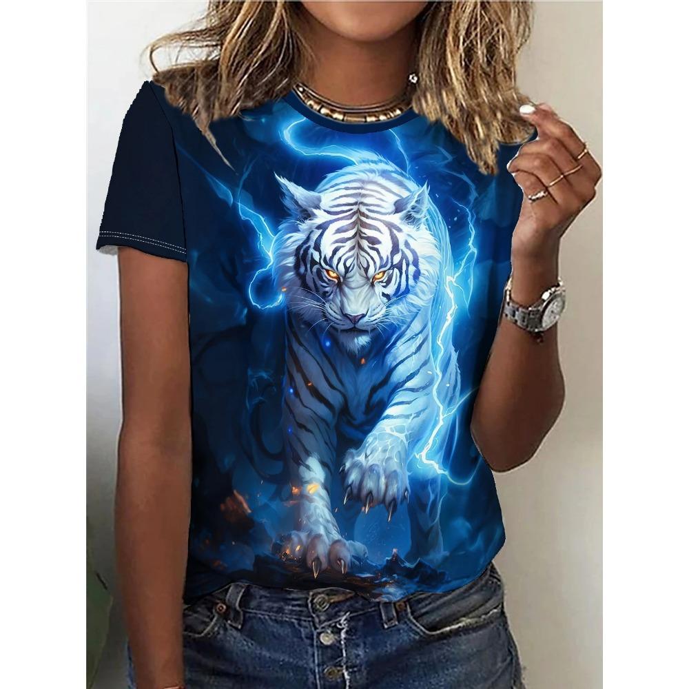 Summer Animals Lion Tiger Wolf 3D Print T-shirts Women Streetwear Fashion Y2k Short Sleeve  O-neck  Tops