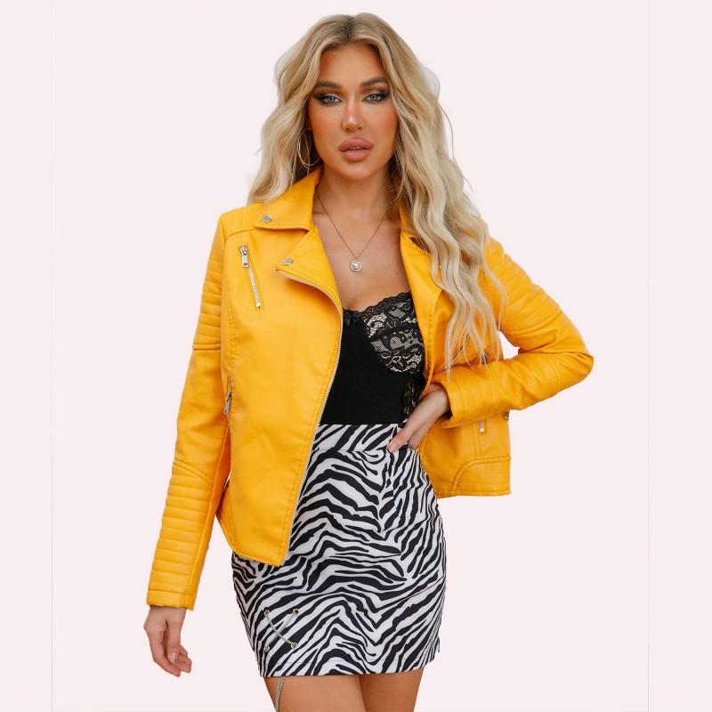 Womens Short Fitted PU Leather Biker Jacket With Asymmetrical Zipper Collar Streetwear Outerwear