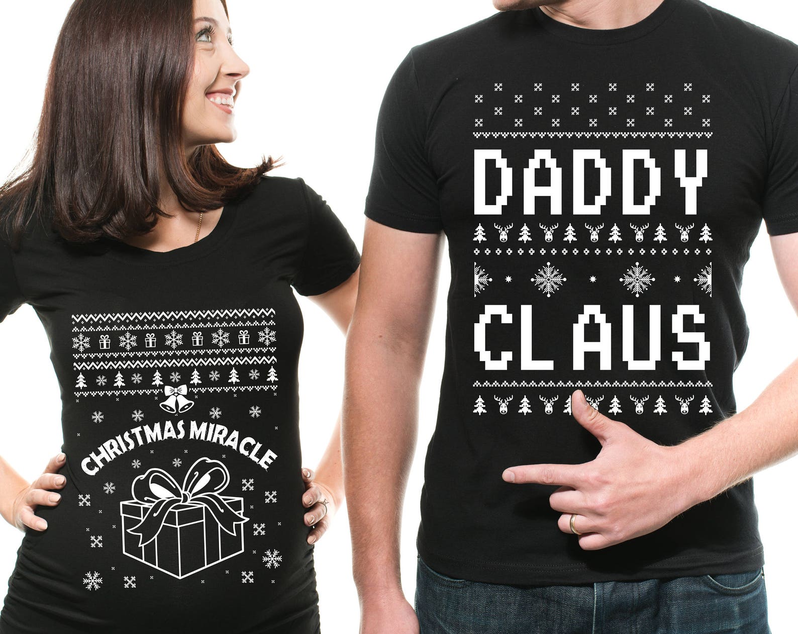 Christmas Maternity T-Shirt: Couple Matching Pregnancy Announcement Tee XL