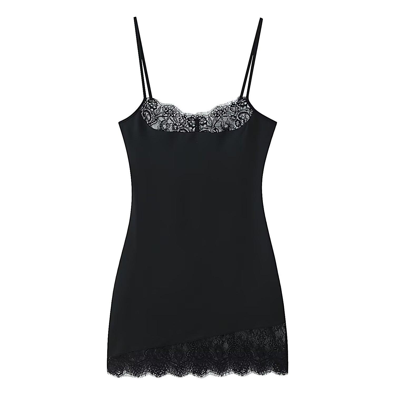 2026 Hot-Selling Women s Lace Trim Satin Camisole Bodycon Dress Medium чёрный