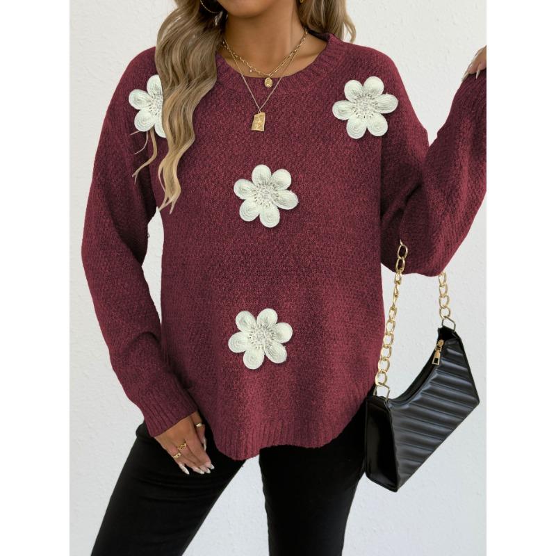 Women S Knit Sweater Embroidered Beaded Floral Patch Crew Neck Pullover
