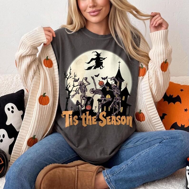Tis The Season Shirt, Funny Dancing Skeleton Sweatshirt, Halloween Witch Tshirt