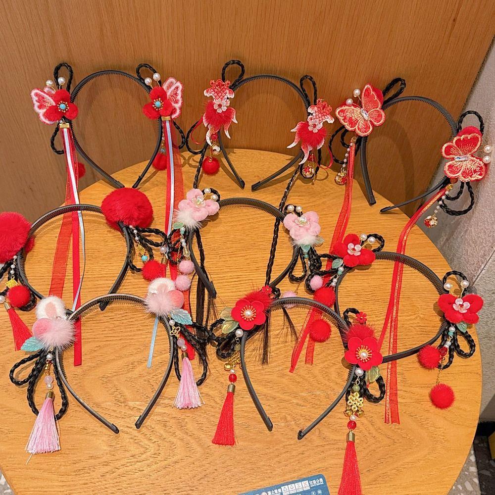 Flower Chinese New Year Headwear Butterfly Ancient Style Red Hairband Children Wig Headband Daily