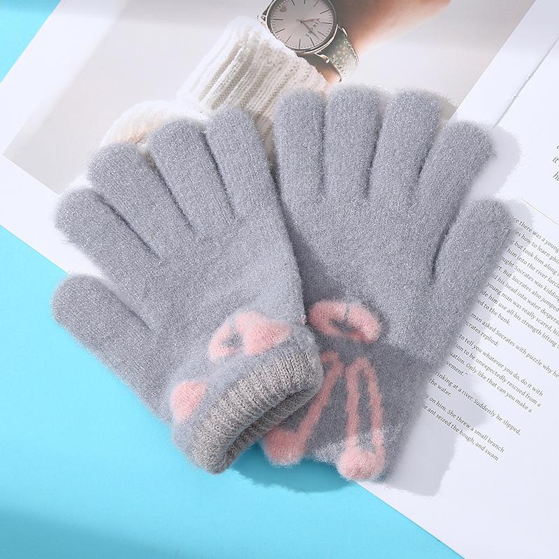 Rękawiczki damskie na zimę dziergane z uroczym króliczkiem z kreskówki, pogrubione, ciepłe, wełniane, z ekranem dotykowym, dla studentów do pisania i jazdy, aby chronić przed falami zimna