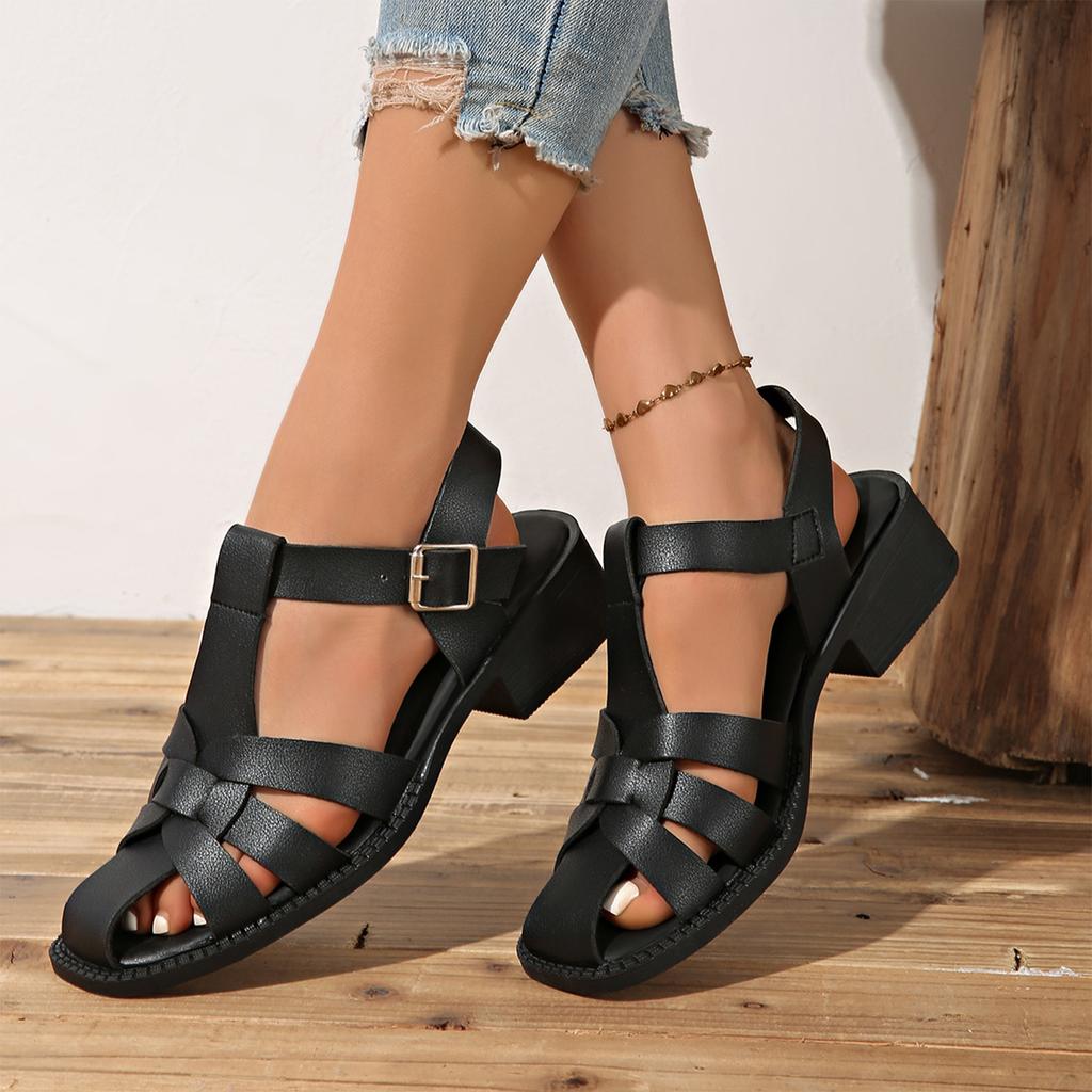 Woven Open Toe Women Sandals Retro Chunky Heel Back Strap Adjustable Buckle Roman Style Summer Footwear