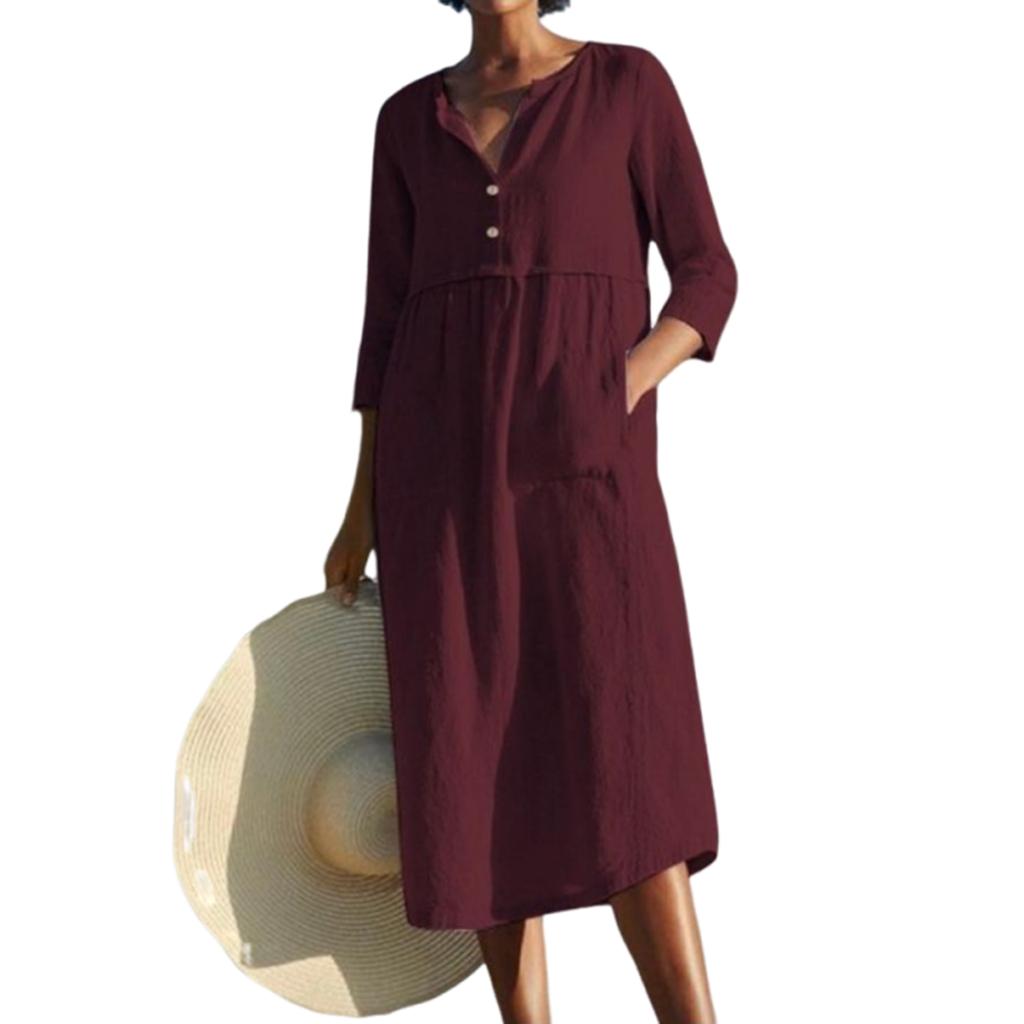 Ladies' Casual Round Neck Button Pocket Cotton Linen Mid Sleeve  Dress