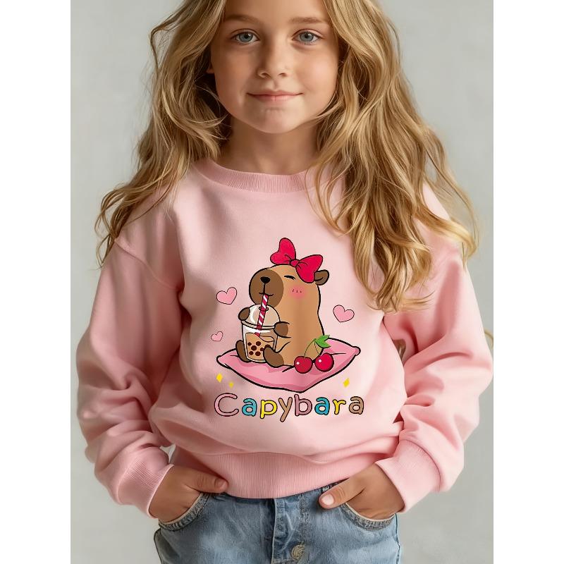 Kinder Sweatshirt Capybara Mädchen Rundhals-Sweatshirt mit einem entzückenden Capybara mit einer Schleife