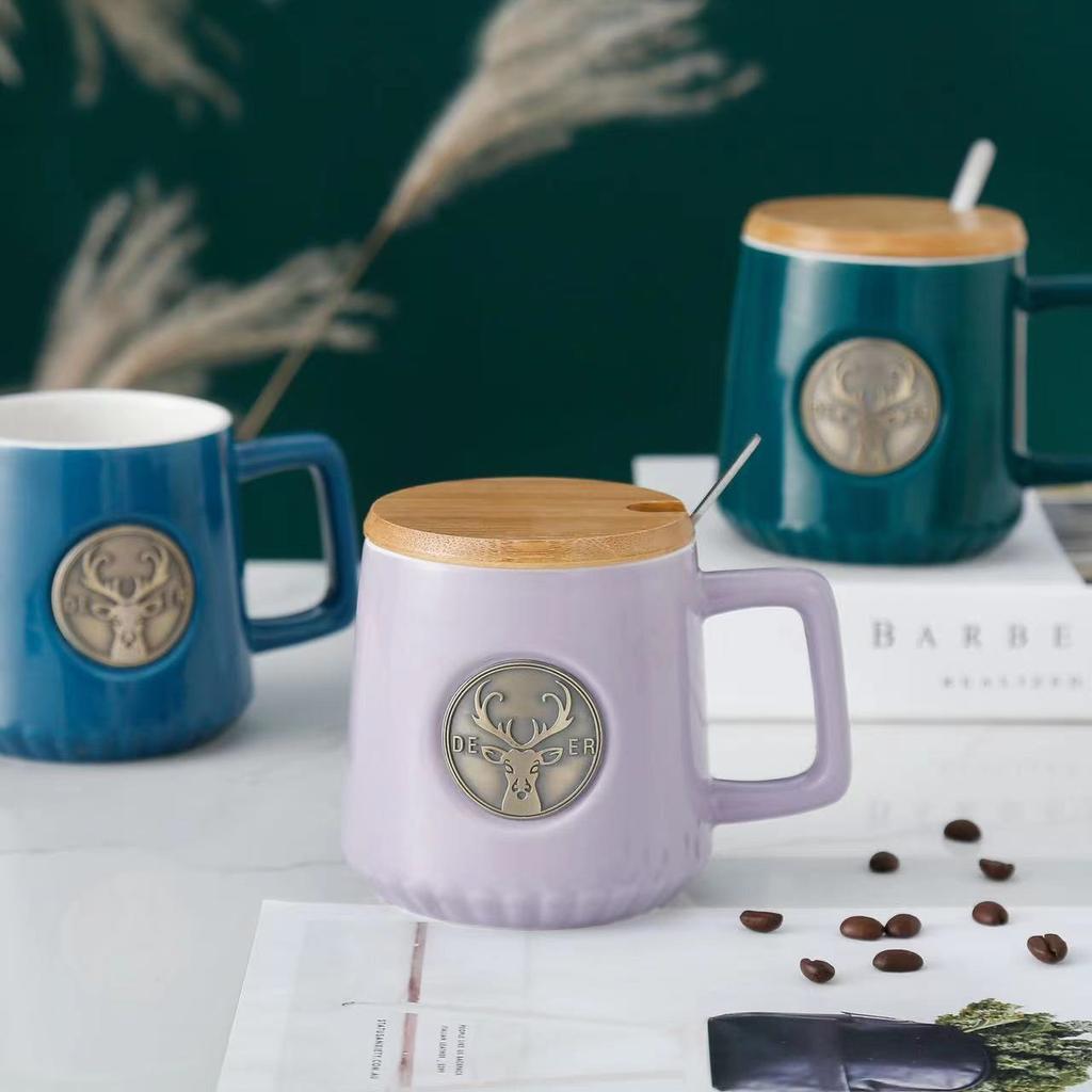 Kreative nordische Hirschtasse Einfache bronzefarbene Keramiktasse Große Kaffeetasse für Büro- und Heimgebrauch Trinktasse