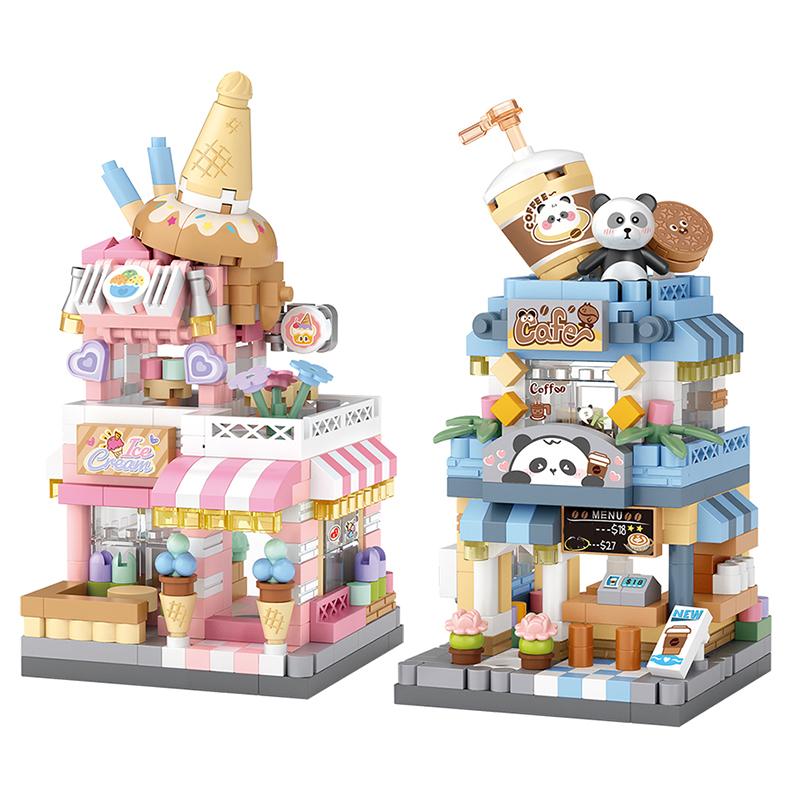 Bausteinset für die Stadtstraßenansicht, DIY-Eiscreme-, Kaffee- und Blumenladen-Modellbauspielzeug, ideal für die Heimdekoration und als Weihnachtsgeschenk