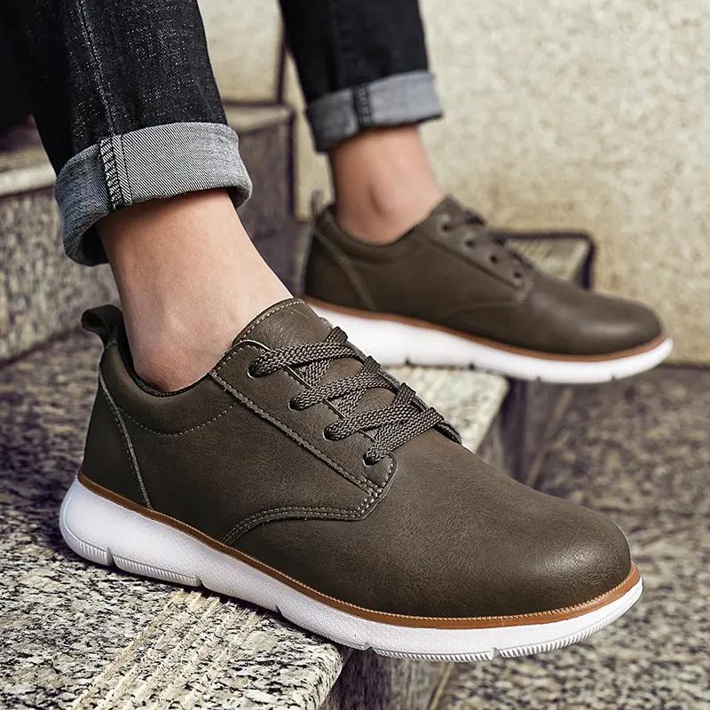 Fashion Size 48 Men Sneakers Brown Leather Business Casual Shoes Low-top Lace-up Soft-soled Driving Shoes Summer Thick-soled Vulcanized