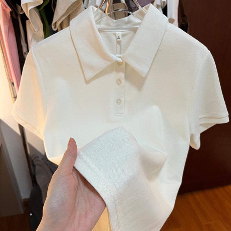 Women's Casual White Button-Up Polo Collar T-Shirt - Summer 2026 Stylish Versatile Short-Sleeved Top