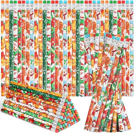 Christmas Pencils with Eraser, 48pcs Xmas Themed Pencil with Santa Claus, Elk, Christmas Tree and Snowflake for Kids Children Christmas Party