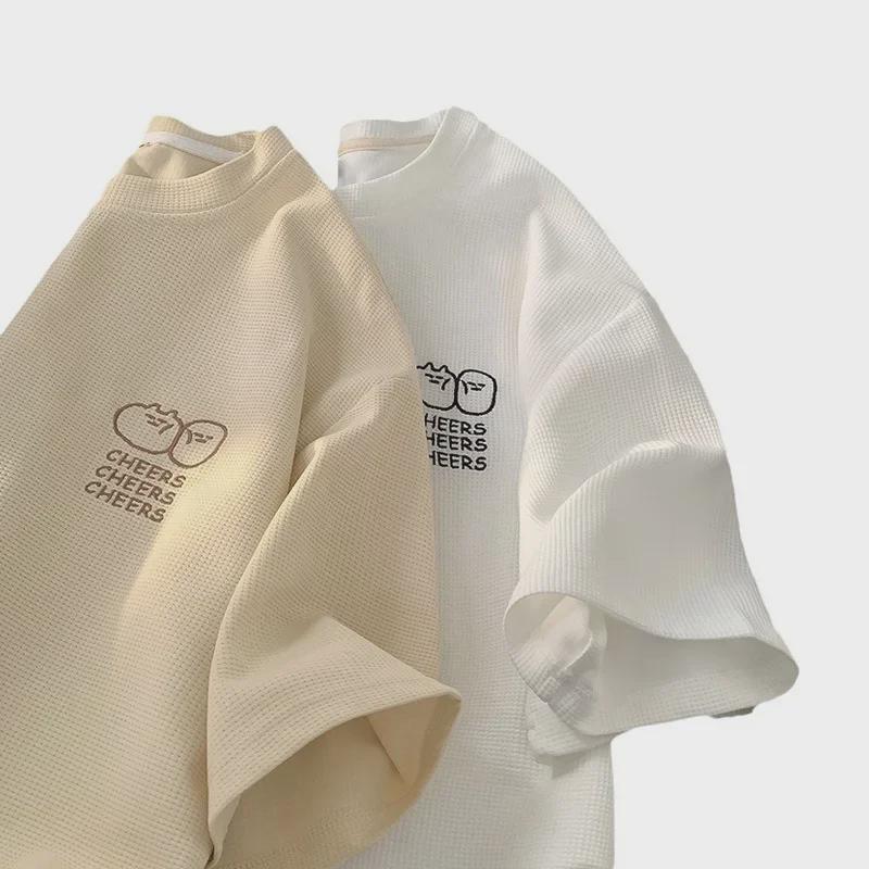 Men's Summer Waffle Knit Ice Silk Short-Sleeve Embroidered T-Shirt - Korean Fashion, Loose Fit, American Heavyweight.