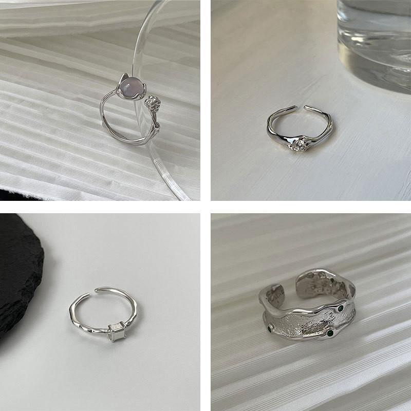 Silver Modern S925 Dual Layer Geometric Ring With Adjustable Size And Colorful Agate Stones For Stylish Accessories Womens