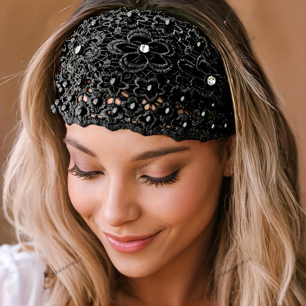 Bloemen Kant Hoofdband met Kristal Kralen Brede Elastische Ademende Haarband voor Vrouwen Mode Haaraccessoires Casual Feest Bruiloft