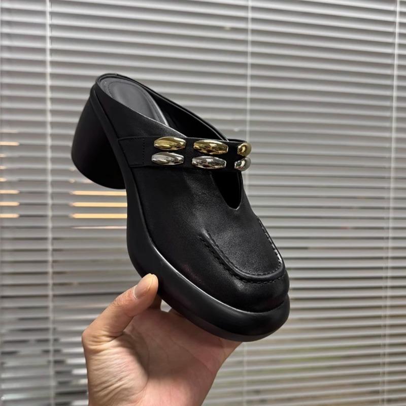 Fashion Round Heel Platform Baotou Half Drag Women Fashion Outside Wear Round Toe Deep Mouth Metal Buckle High Heels