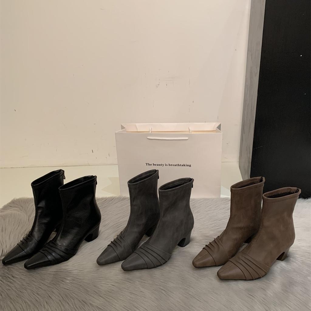 Black high-heeled thin boots autumn and winter new French pointed small bare boots versatile thick heel temperament short boots women's single boots