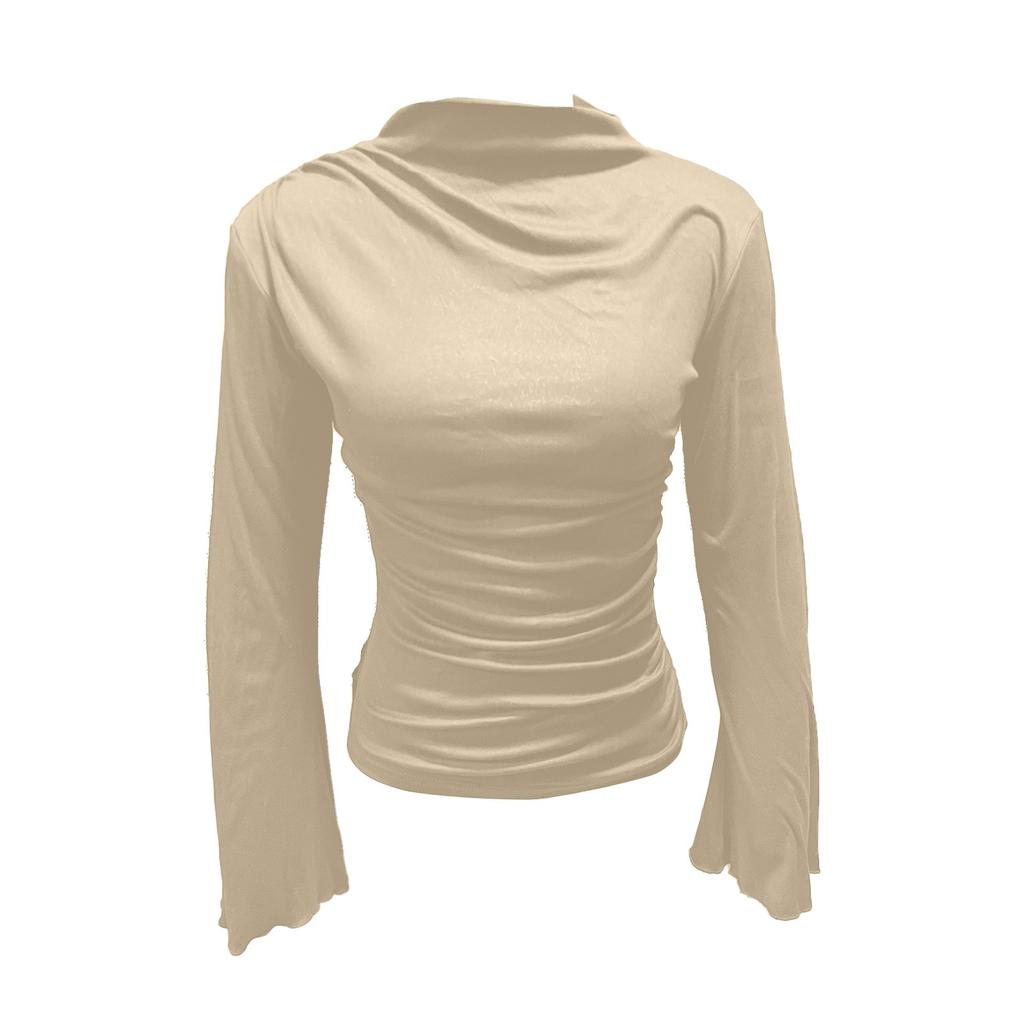 Women's Fashion Trumpet Sleeve Stand Collar Slim Fit Long Sleeve Top