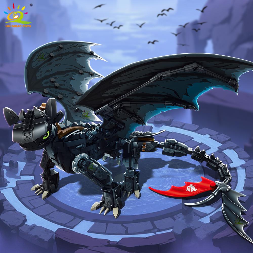 HUIQIBAO 1026PCS MOC Black dragon Monster Building Blocks movie series animals model assembly Bricks Toy set for children gift