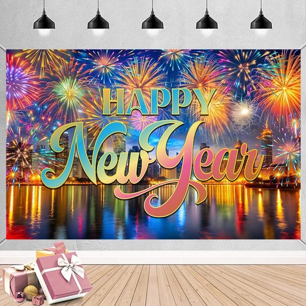 Black Gold 2026 New Year Backdrops Polyester Night Glittering Party Background Colorful Balloon Champagne New Year Banner