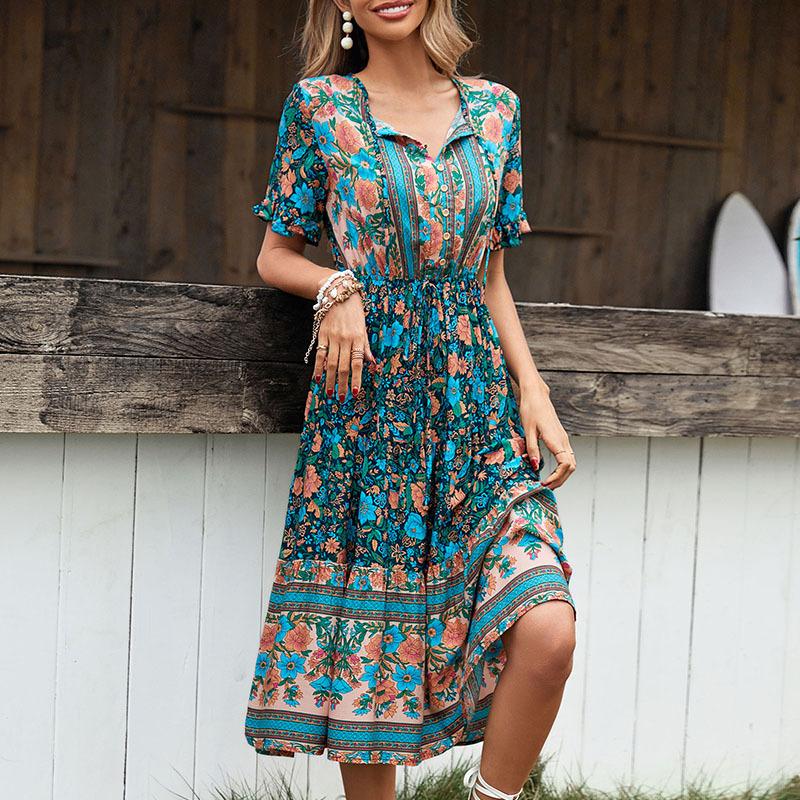 Amazon Foreign Trade Cross-border Women's Clothing Vacation Wind Print Skirt Summer European and American New Bohemian Dress
