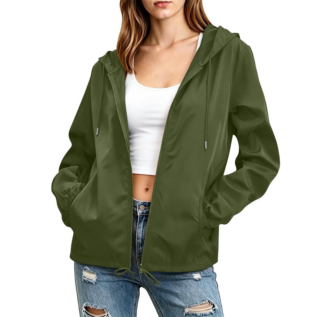 Womens Waterproof Windproof Hooded Jacket Lightweight Zip Up Outdoor Raincoat with Adjustable Drawstring Hem and Elastic Cuffs