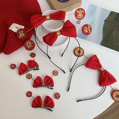 New Year Headdress Red Child Hair Accessories Bowknot Hair Clip Bow Headband Chinese Style Hairpin