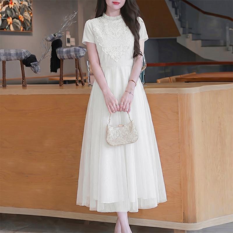 ZANZEA Women Elegant Lace Splice Round Neck Casual Short Sleeve Dress M