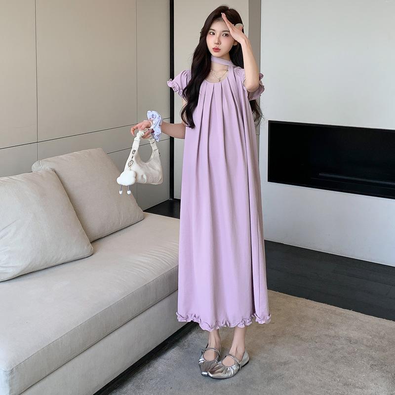 2026 Summer Elegant Lace Puff Sleeve Maternity Dress: Loose Slimming Fit L