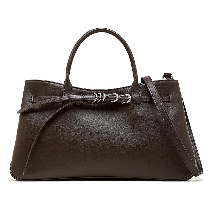 Genuine Leather: Niche Hand-held Women's Bag, Retro and Simple Belt Buckle Briefcase, Single-shoulder Crossbody Bag