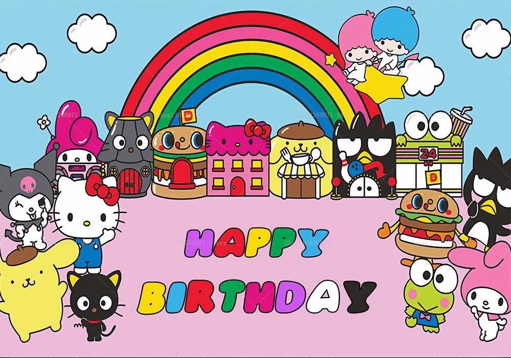 Hello Kitty Happy Birthday Backdrop Cute Pink Cartoon Theme Kids Girls Baby Shower Party Photo Background Banner Decor Supplies