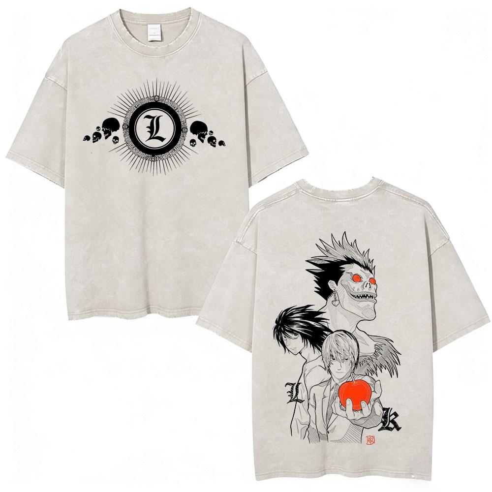 Anime Death Note Ryuk Yagami Light Vintage gewaschenes T-Shirt Herrenbekleidung Baumwoll-T-Shirt Mode Kurzarm-T-Shirts Streetwear
