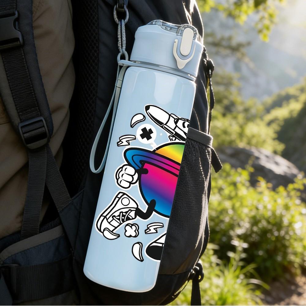 1PC Rainbow Planet Abstract Art 750ml Color Plastic Sports Water Bottle Leakproof Flip Straw Lid Suitable for Sports Office Home Use