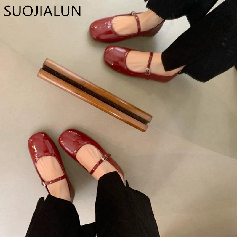 Fashion SUOJIALUN 2024 Spring New Women Flat Shoes Fashion Red Ladies Casual Dress Mary Jane Shoes Soft Sole Round Toe Outdoor Ballerina