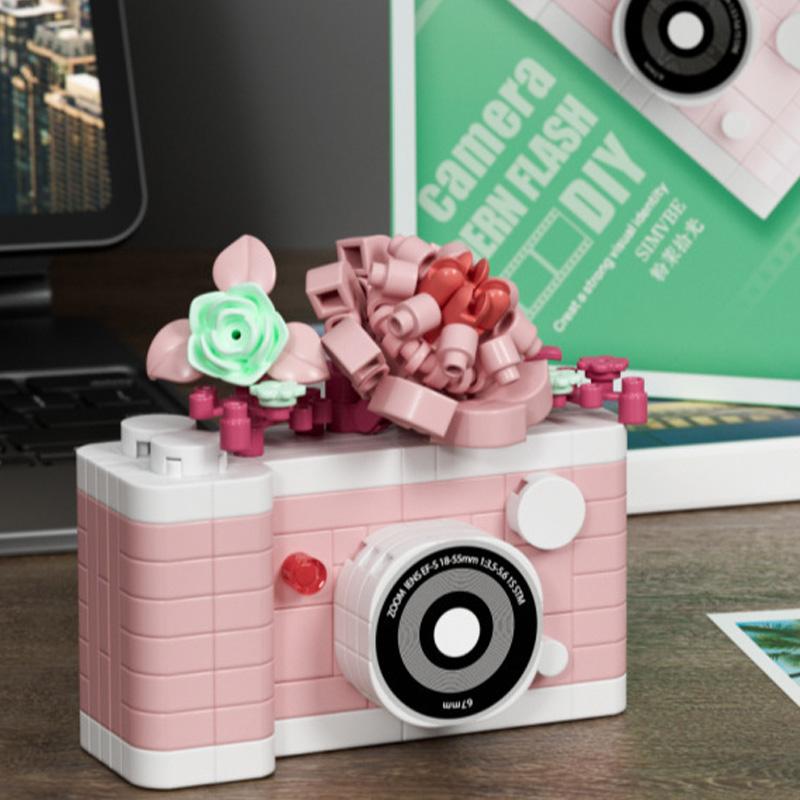 Slr Retro Camera Mirror Flower Model Building Block Set-Creative Trendy Ornament Educational Toy For Children Gift Ornament