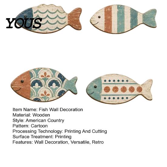 Rustic Beach House Ornaments 4PCS Wooden Fish Wall Decor, Mediterranean Style Hanging Plaques, Blue Decorative Set And Brown Finish Nautical
