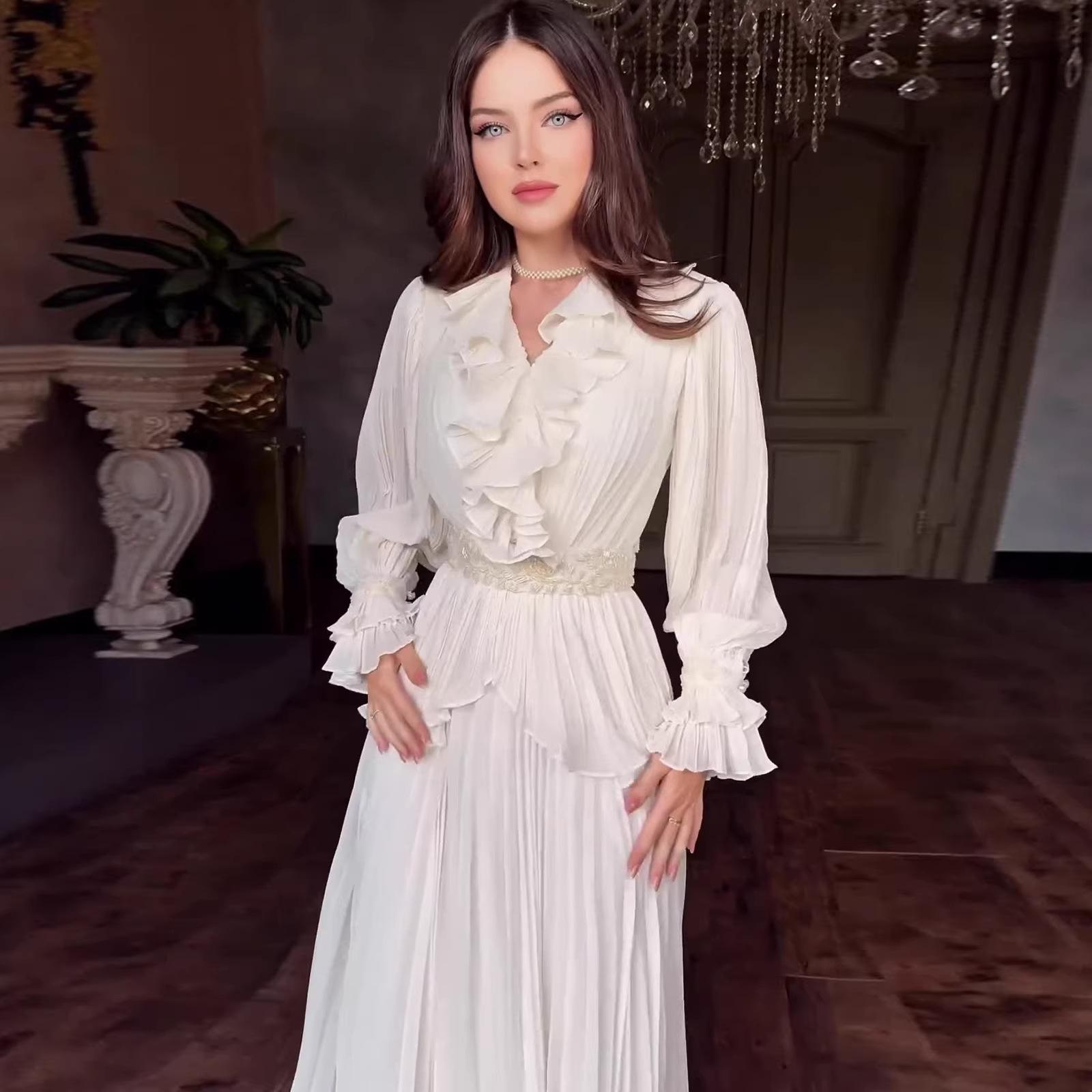 Retro Style Long Sleeved Folding Dress High Waisted Slim Fit Temperament High Quality White Dresses 2026 S белый