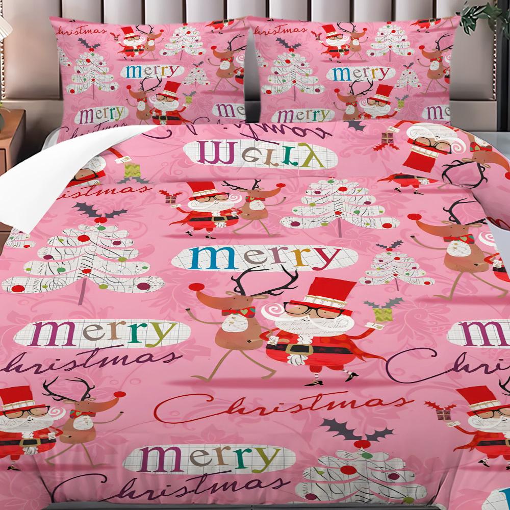 Frohe Weihnachten 3-teiliges Bettwäsche-Set - Weicher Polyester-Bettbezug & Kissenbezüge, Mehrfarbiger Druck, Perfekt für alle Jahreszeiten - Ideal