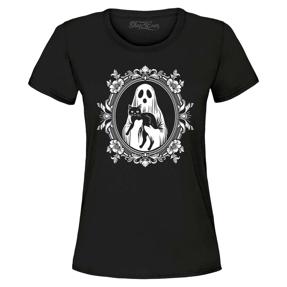 Haunted Frame Ghost and Black Cat Women's T-Shirt Halloween Summerween Shirt