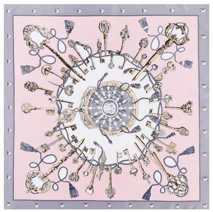 

New 100cm Silk Square Scarf Women Euro Brand Key And Chain Classical Design High Quality Shawls Bandana Lady Foular 100x100cm