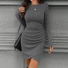 Women Spring Autumn Round Collar Long Sleeve Bodycon Casual Solid Color Pit Striped Package Hip Dress